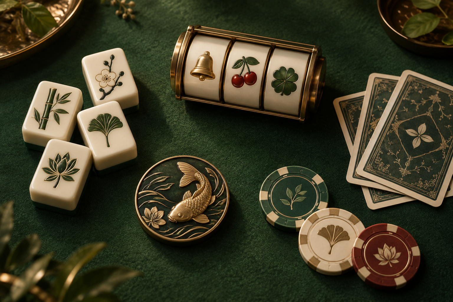 Ubin mahjong, gulungan slot, kartu, dan keping kasino di atas meja hijau.